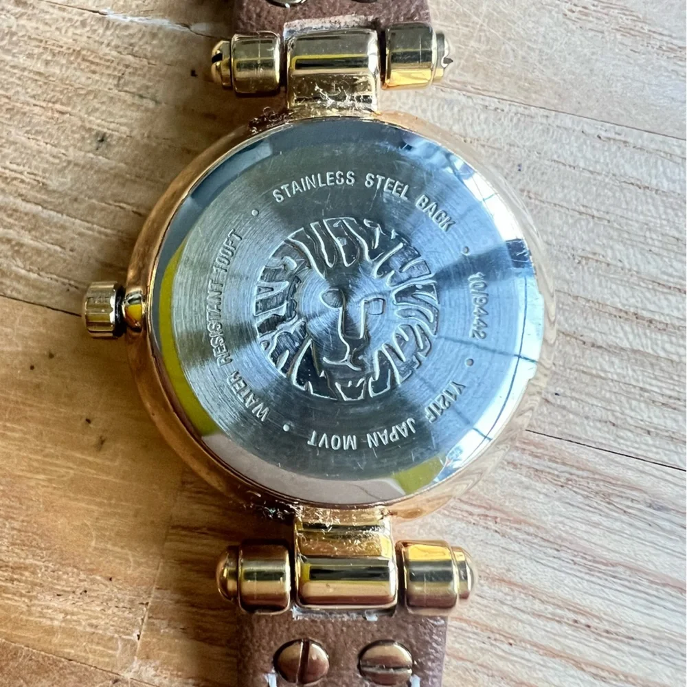 Anne Klein ladies round brown leather dress watch NEW BATTERY